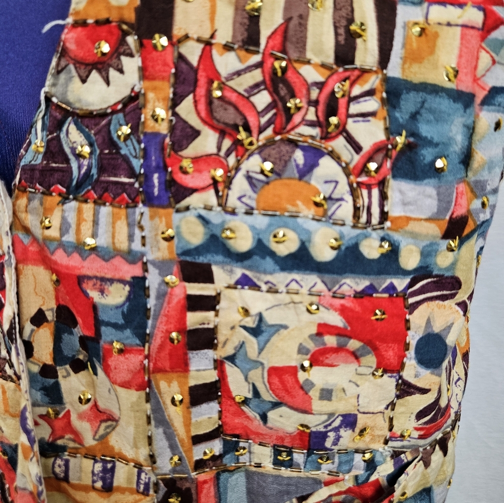 Vintage 80s AJ Celestial Patchwork Colorful Sequin Vest Size Medium Women's B113 - Picture 3 of 9